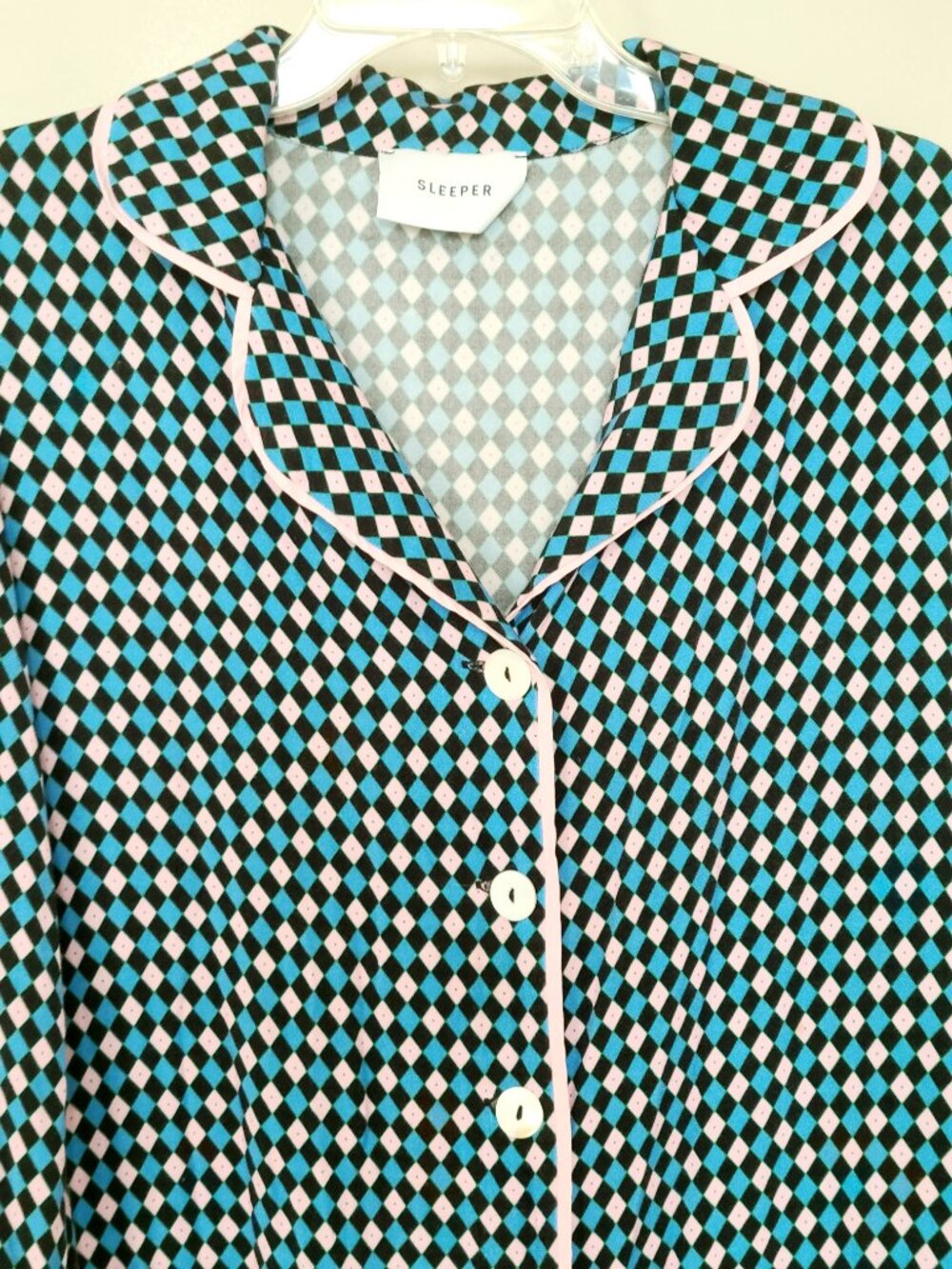 Sleeper Party Feather-Trim Pink Blue Argyle Pajama Shirt Medium Luxe Top Only - Picture 3 of 8